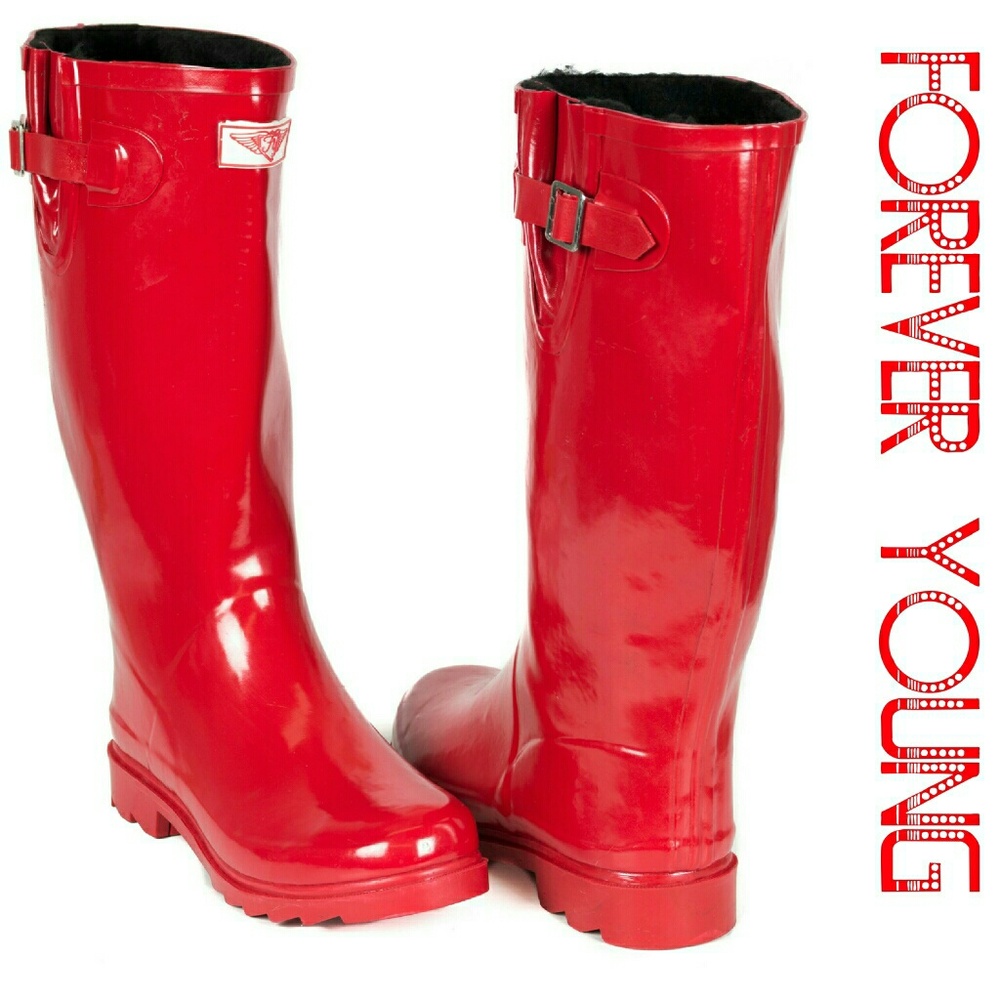 Women's Rainboots, Faux Fur Lined Rubber Tall Rain boots, RB-1530, Red